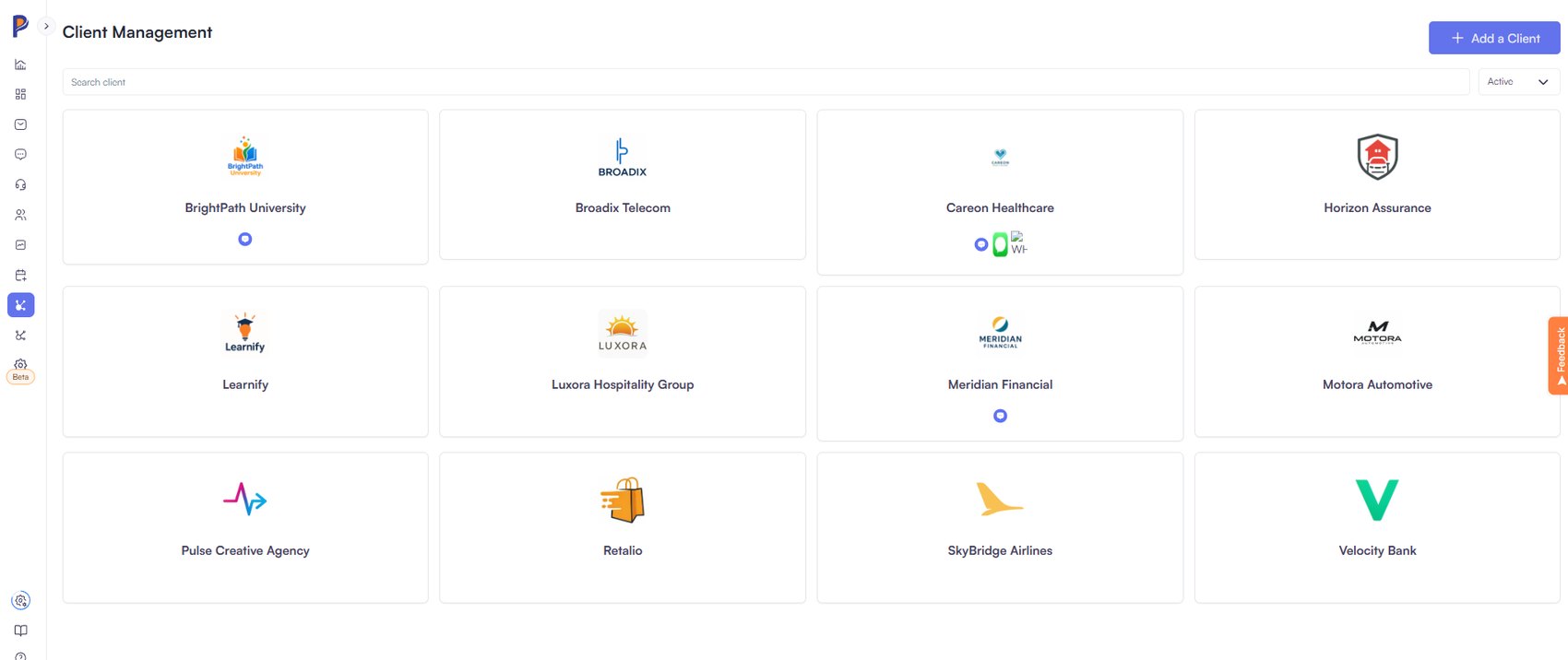 Client management: every end client administered from one platform, active and inactive.