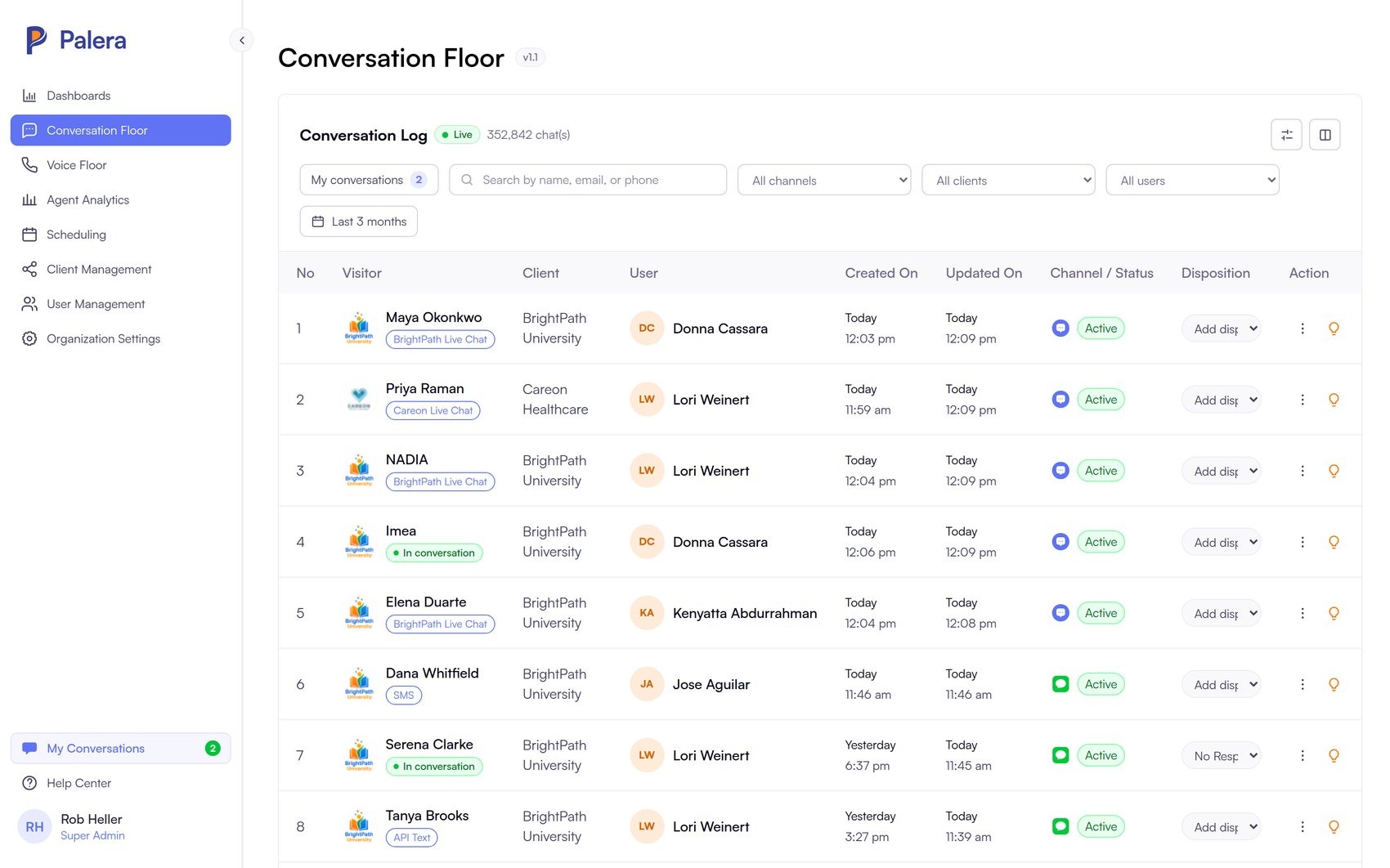 The conversation floor: filter by client, channel, user, disposition or date, then open or join any thread.